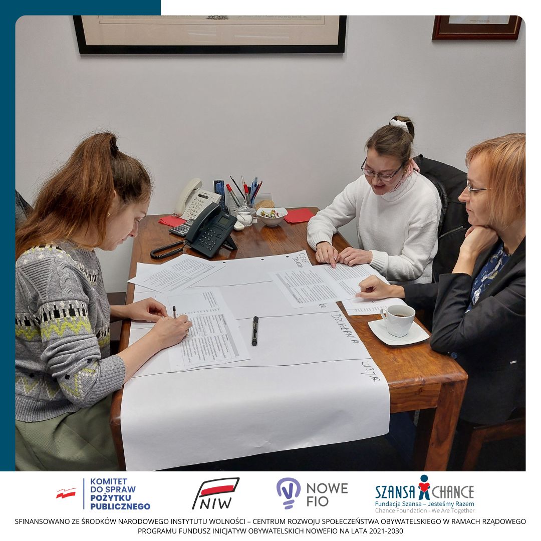 Trzy kobiety siedzące przy stole na którym jest rozłożona duża kartka papieru. Jedna z kobiet zapisuje coś na kartce.